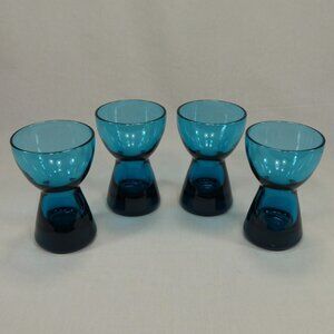 Vintage Teal Blue Glass Cordial Glasses Hourglass Heavy Base Set of 4 MCM 3.75"